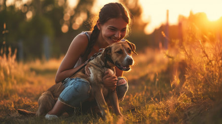playful dog and its owner in nature outdoor , healthy lifestyle pragmaの素材