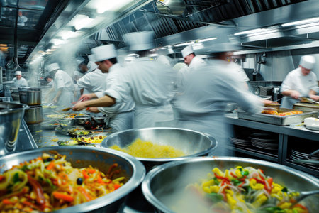 Professional chefs in white uniforms are intensely preparing and plating dishes in the fast-paced environment of a commercial restaurant kitchen. Resplendent.の素材