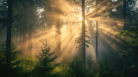 Misty Forest Sunrise. Golden sunrise rays filter through the mist in a dense forest. Resplendent.の素材