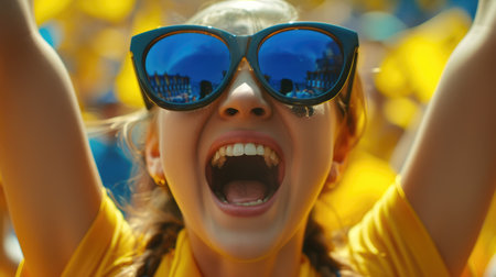 A happy fan in a yellow shirt is celebrating with a gesture, smiling and screaming in the air, enjoying the fun event surrounded by a lively crowd. AIG41の素材