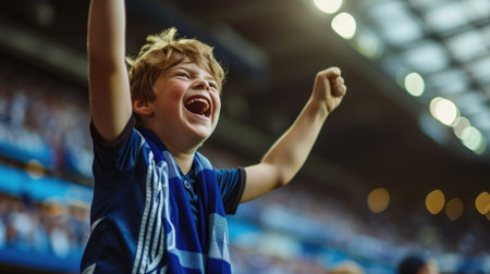 A young fan at a soccer championship raises his arms in excitement, adding to the energetic gestures of the crowd, creating a fun and happy atmosphere at the event. AIG41の素材