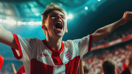A jubilant soccer fan celebrates a goal, cheering and clapping in a stadium filled with spectators during a crucial match. AIG41の素材