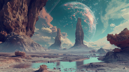 A desolate alien desert stretches out, marked by towering rock formations, under a surreal sky graced by the dramatic presence of nearby planets and celestial bodies. Resplendent.の素材