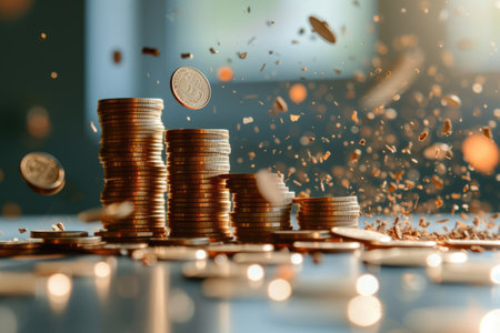 Economic downturn, debt crisis and market crash concept shown by shattering coins AIG41の素材