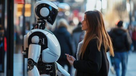 A woman and a robot are sitting at a table, sharing a leisurely conversation, while having fun at an art event. AIG41の素材