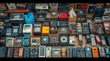 A diverse collection of vintage radios and TVs are displayed on a metal table in a room, sharing the history of engineering and science in the citys building and machine events. AIG41の素材