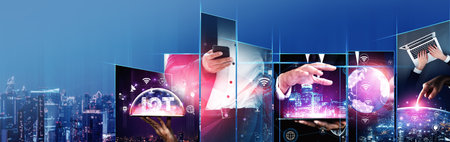 Communication technology , smart connection IOT and people network technology concept. People using...