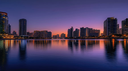 An elegant evening city skyline, lights reflecting on a calm river, skyscrapers silhouetted against a twilight sky, capturing urban beauty. Resplendent.の素材