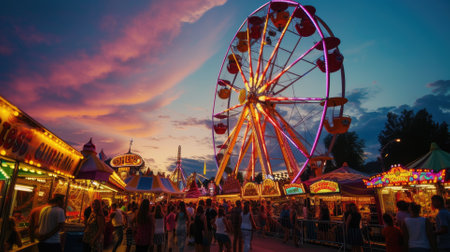 A lively carnival at dusk, Ferris wheel lights against the twilight sky, happy faces of families enjoying rides and games. Resplendent.の素材