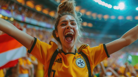 A fan cheers with arms raised among a lively crowd at a sports competition event. AIG41の素材