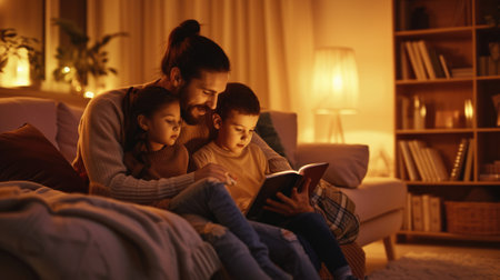 A cozy family moment unfolds as parents and their child enjoy reading books together under the warm glow of a lamp. AIG41の素材