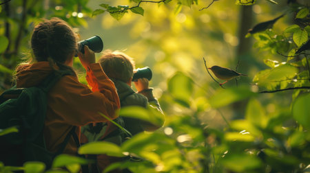 young explorers use binoculars to observe a colorful bird, immersed in the vibrant foliage of a dense forest. AIG41の素材