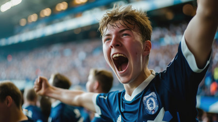 A young fan at a soccer championship raises his arms in excitement, adding to the energetic gestures of the crowd, creating a fun and happy atmosphere at the event. AIG41の素材