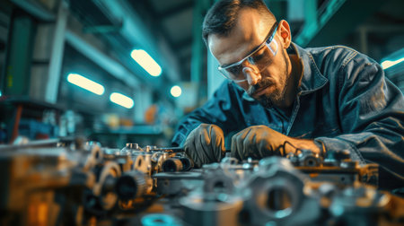 Foto de An engineer, wearing safety glasses, is operating a machine in a factory with a bright smile on his face. AIG41 - Imagen libre de derechos