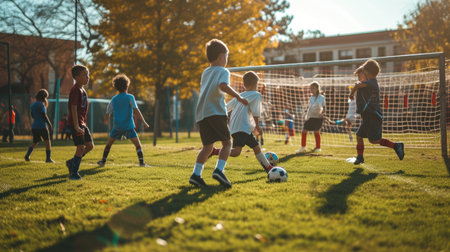 A group of players are enjoying a game of soccer on a grassfield under the blue sky, surrounded by trees and lush green landscape. AIG41の素材