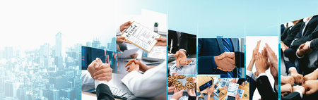 Teamwork and human resources HR management technology concept in corporate business with people group networking to support partnership, trust, teamwork and unity of coworkers in office vexelの写真素材