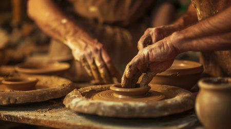Close-up of an artisans hands skillfully shaping wet clay on a spinning pottery wheel, surrounded by tools and unfinished pieces. Resplendent.の素材