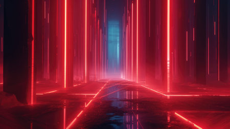 A digital illustration of a futuristic corridor bathed in vibrant neon lights, with a perspective that draws the eye towards infinity. Resplendent.の素材