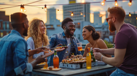 A group of friends enjoying a rooftop barbecue in an urban setting, city skyline in the background, casual and fun atmosphere. Resplendent.の素材