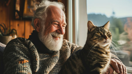 happy people at home with favorite pet , love and friendship of human and animal pragmaの素材