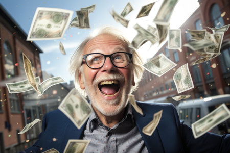 Happy person getting bonus money and banknotes flying in the air and get lucky rich and financial freedom comelinessの素材