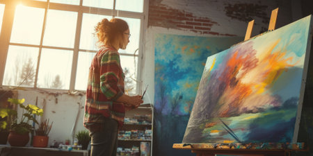 An artist painting in a sunlit studio, canvas filled with vibrant colors, capturing the creative process. Resplendent.の素材