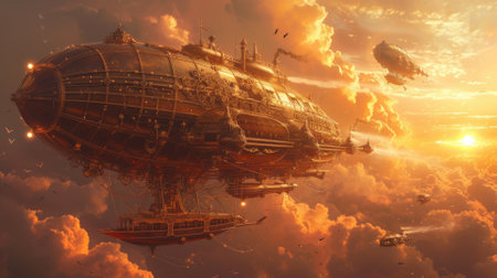 Fantasy steampunk airships float amongst clouds against a dramatic sunset backdrop, evoking adventure and exploration. Resplendent.の素材