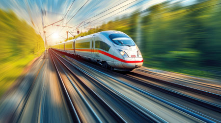 A high-speed train zooming through a scenic countryside, modern design, motion blur, representing speed and modern transportation. Resplendent.の素材