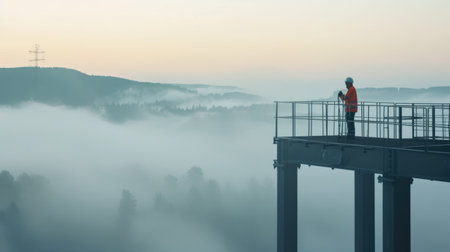 A construction worker stands on an elevated platform, overseeing a foggy industrial site, ensuring safety and project progress. AIG41の素材