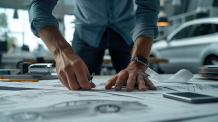 A man is leisurely sitting at a table, sharing a blueprint with engineering plans, while enjoying the art of architecture. AIG41の素材
