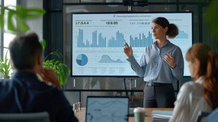 A man showcases a presentation to individuals, utilizing gestures and sharing information on a display device in a building. It is a public speaking event. AIG41の素材