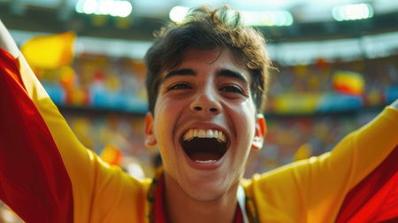 A happy man in a red shirt, with arms raised in the air, is celebrating, sporting a smile on his face. AIG41の素材