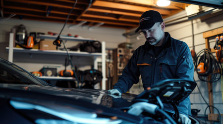 An electrician in work attire is busy setting up an electric vehicle charging station in a residential garage, contributing to sustainable living. AIG41の素材