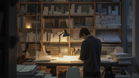 An architect works attentively on architectural drawings late at night in a dimly lit office, surrounded by models and blueprints. AIG41の素材