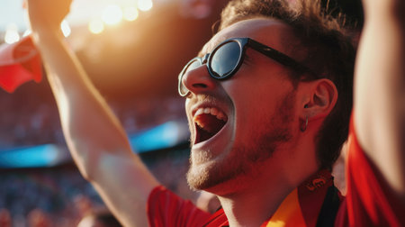 A fan is enthusiastically gesturing with her arms in the air, cheering in an electric blue hat at the entertaining competition event. AIG41の素材