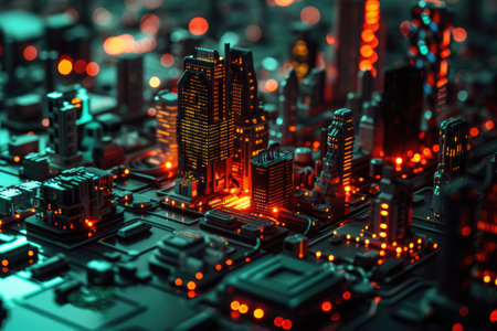 A conceptual visualization of a smart city with glowing structures on a digital circuit board, symbolizing urban technology integration concept. AIG41の素材