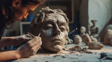 Using water and clay, the artist crafts a sculpture of a mans head, focusing on the jaw for an intricate carving. This art form dates back to ancient history. AIG41の素材