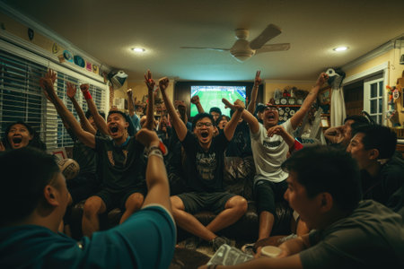 A lively group of friends is engulfed in excitement, celebrating a goal while watching a soccer game on TV at home. AIG41の素材