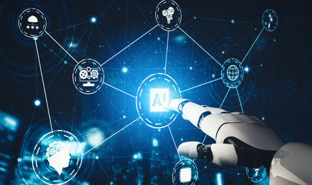 XAI 3D rendering futuristic droid robot technology development, artificial intelligence AI, and machine learning concept. Global robotic bionic science research for future of human life.の写真素材