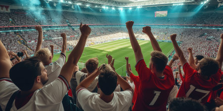A crowd of fans gathered in the stadium, enjoying the soccer game with excitement and gestures of support. AIG41の素材
