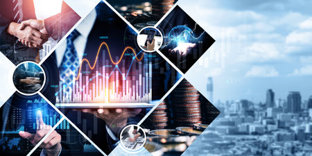 Futuristic business digital financial data technology concept for future big data analytic and business intelligence research for businessman analyst invest decisions making panoramic banner kudosの写真素材