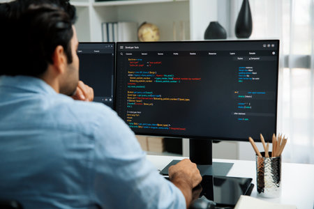 Concentrating in smart IT developer working software development coding on two pc screen, creating virus firmware application program for latest update version on website at modern office. Surmise.の写真素材