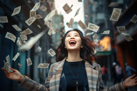 Happy person getting bonus money and banknotes flying in the air and get lucky rich and financial freedom comelinessの素材