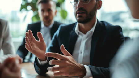 A senior manager gestures emphatically while explaining a new business concept during a team meeting in a modern office. AIG41の素材
