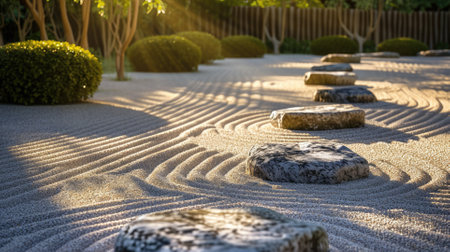 A serene Zen garden at dawn, perfectly raked sand, neatly arranged stones, gentle morning light creating soft shadows, symbolizing tranquility and mindfulness. Resplendent.の素材