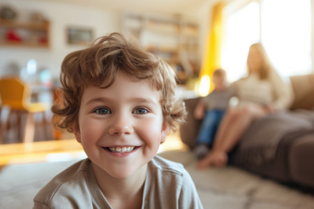 A cheerful young boy with curly hair presents a bright smile in the foreground, with his family relaxing on the couch behind him in a warm living room. AIG41の素材