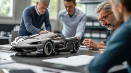 A team of individuals is collaborating on designing and assembling a model car, using components like tires, wheels, vehicle body parts, lights, and mirrors. AIG41の素材