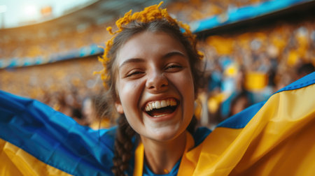 A happy fan in a yellow shirt is celebrating with a gesture, smiling and screaming in the air, enjoying the fun event surrounded by a lively crowd. AIG41の素材