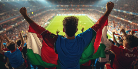 A fan at a soccer match joyfully celebrates a thrilling event, raising his arms in excitement. The Cup match provides entertainment and fun for leisure seekers. AIG41の素材