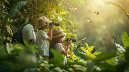 young explorers use binoculars to observe a colorful bird, immersed in the vibrant foliage of a dense forest. AIG41の素材